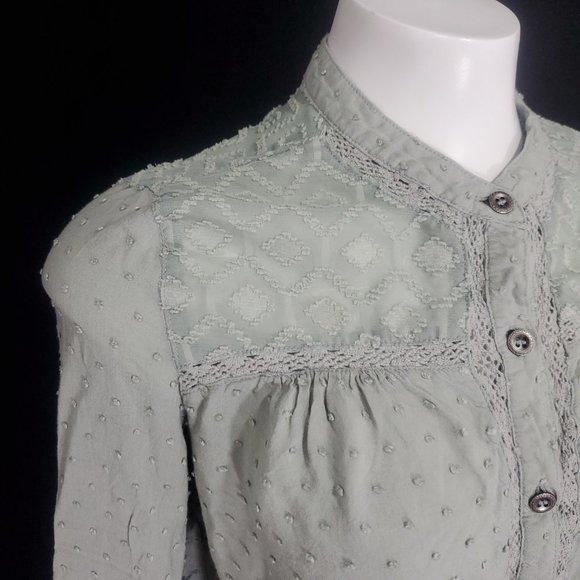 Paper & Crane Dot Fabric and Lace Button Up Blouse Sage Green Long Sleeve Sz. S - Picture 2 of 14